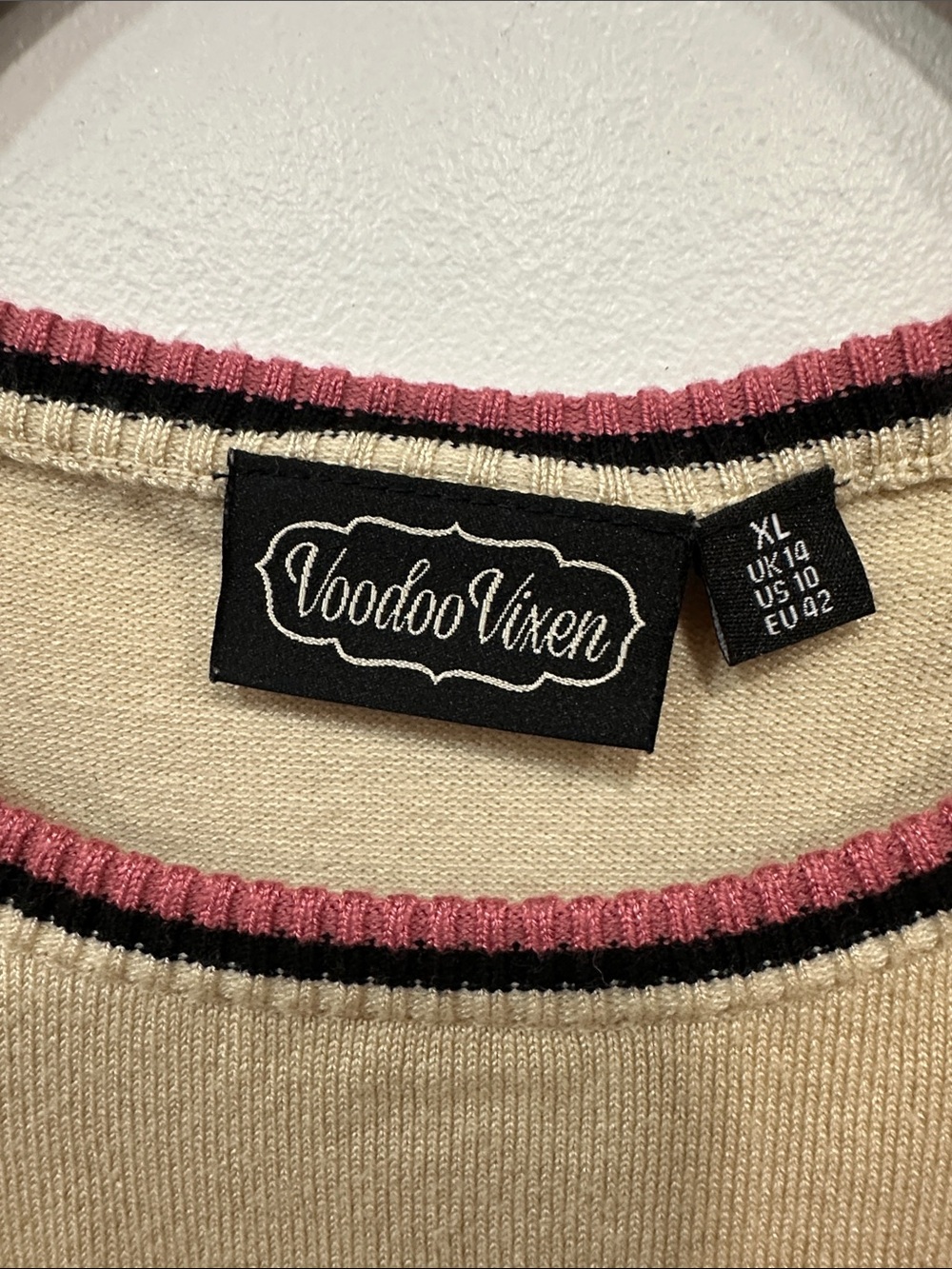 Voodoo Vixen Beige Knit Top with Pink & Black Stripe Trim and Cat Patch - Picture 2 of 7